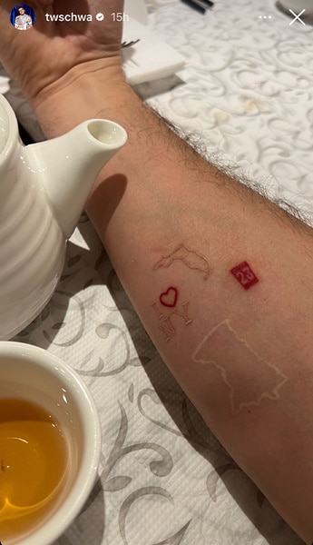Tom Schwartz shows off his new tattoos next to a teapot on his Instagram story.