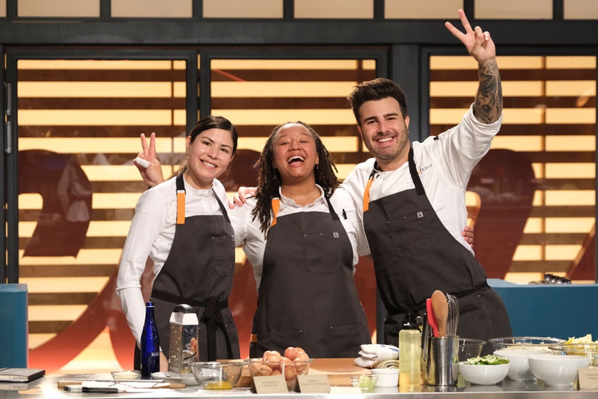 Amanda Turner, Laura Ozyilmaz, and Kevin Dandrea in the Last Chance Kitchen Kitchen.