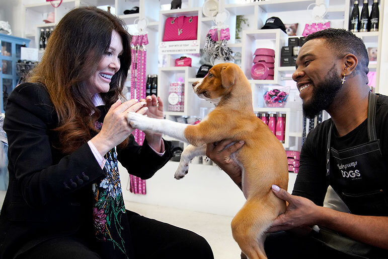 Lisa Vanderpump playing with a puppy that Brian Marshall is holding.