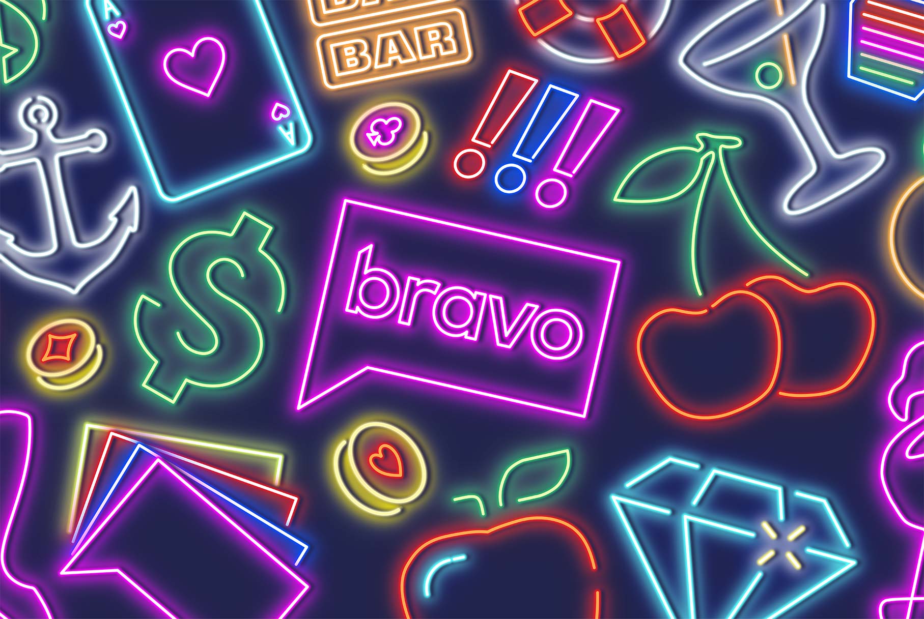 Bravo logo in neon with other Las Vegas and Bravo symbols