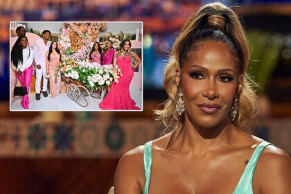 Sheree Whitfield at The Real Housewives of Atlanta reunion with an inset picture of her and her family at her grandaughters sip and see party.