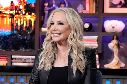 Shannon Beador wearing a black blazer and top while at the WWHL studios.