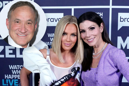 Collage of Terry Dubrow and Heather Dubrow with Jenny Mccarthy. Heather and Jenny are at WWHL. Terry is at a gala in Beverly Hills.