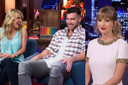 Split of Ramona Singer and Travis Kelce at WWHL and Taylor Swift at the Jimmy Fallon Show.