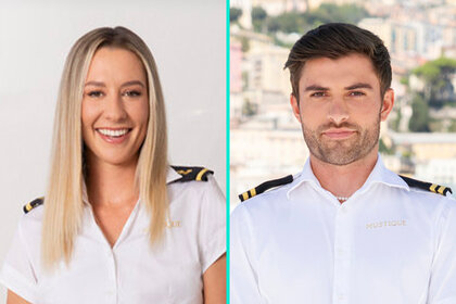 A split featuring Lara Du Preez and Luka Brunton wearing white uniforms on Below Deck Mediterranean Season 8.