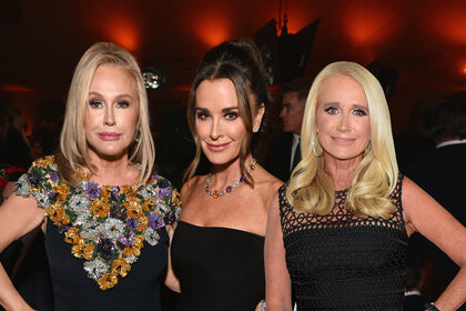 Collage of Kathy Hilton with Kyle Richards at the Elton John AIDS Foundation's party and Kim Richards at a TV premiere.