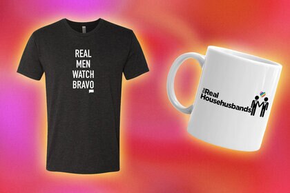 A t-shirt and a mug with quotes on them overlaid onto a colorful background.
