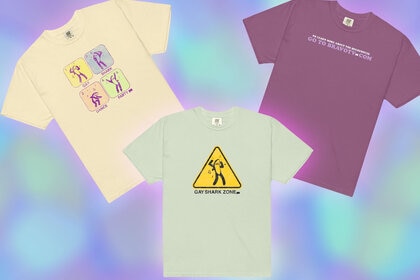 Three tee Gay Shark tee shirts on a colorful background