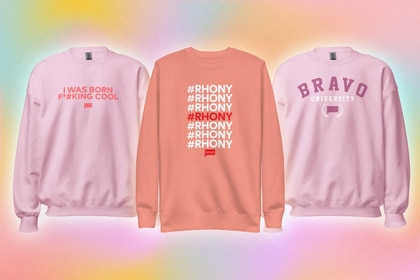 Crewneck sweatshirts with quotes on them overlaid onto a colorful background.