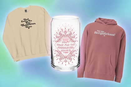 A sweatshirt, glass, and hoodie with quotes on them overlaid onto a colorful background.