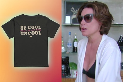 Split of a black tee shirt and Luann De Lesseps on vacation.