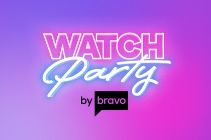 Watch Party by Bravo logo in neon lettering on a purple and pink gradient background