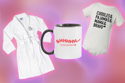 A robe, mug, and onesie with quotes on them overlaid onto a colorful background.