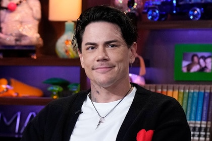 Tom Sandoval smiling at the Watch What Happens Live clubhouse in New York City.