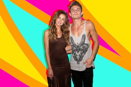 Lala Kent and James Kennedy in front of a colorful graphic background.