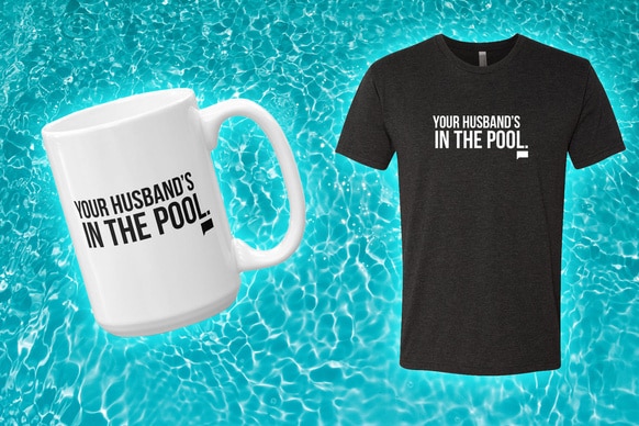 A t-shirt and a mug with quotes on them overlaid onto a pool background.