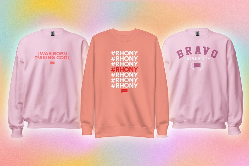 Crewneck sweatshirts with quotes on them overlaid onto a colorful background.