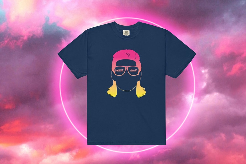 A tee shirt with a Kyle Cooke's image and mullet on it behind a pink and orange sky.