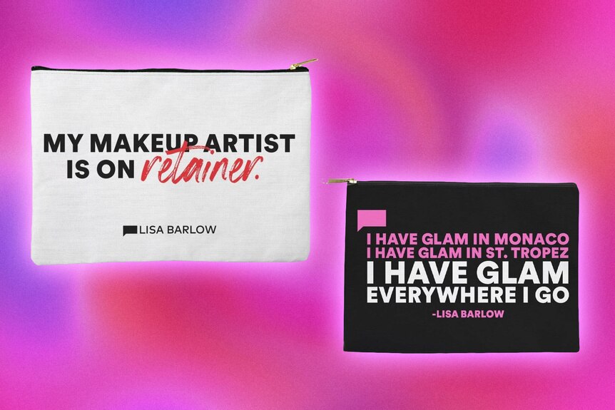 Cosmetic bags with quotes on them overlaid onto a colorful background.