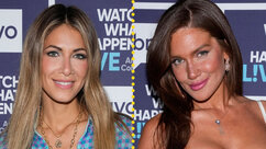 A split image of Erin and Brynn at WWHL in front of a step and repeat.
