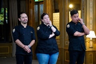 Gabriel Rodriguez, Sara Bradley, and Buddha Lo filming Top Chef Season 20