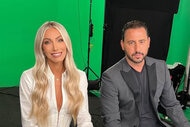 Josh Altman and Heather Altman sit next to each other in front of a green screen.