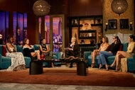 The RHONY cast sitting at the Season 14 reunion while filming.