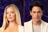 A split of Ariana Madix and Tom Sandoval in cream colored outfits.