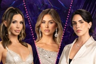 Split of Scheana Shay, Lala Kent, and Katie Maloney all in a purple room.
