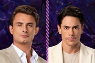 Split of James Kennedy and Tom Sandoval standing in a purple room