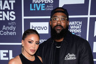 Larsa Pippen and Marcus Jordan in front of a step and repeat at the Watch What Happens Live clubhouse in New York City.