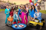 The cast of The Valley Season 1 on a neighborhood street with a barbq a baby pool and a toy car.