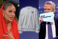 Dorit Kemsley talking, A Gray Sweatshirt on a faded blue background, and Andy Cohen yawning