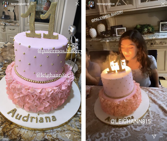 A split of Audriana Giudice's 11th birthday cake and Audriana Giudice blowing out the candles on her cake.