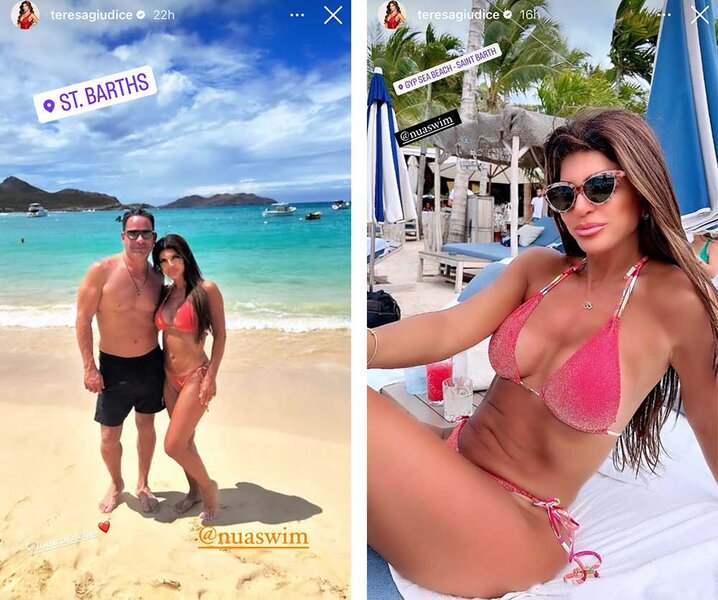 A split image of Teresa and Louie on the beach and Teresa in a pink bikini sitting on a lounge chair.