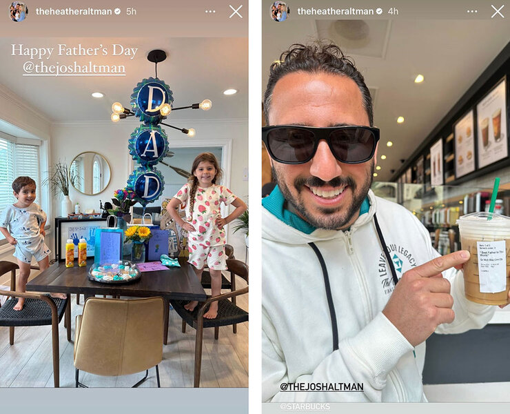 A split image of Josh Altman's kids posing with "Dad" balloons and gifts for Fathers Day and Josh posing with Starbucks coffee.