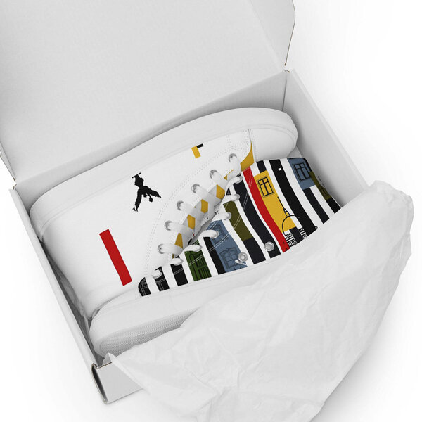 A box holding sneakers with an illustrated stripe design.