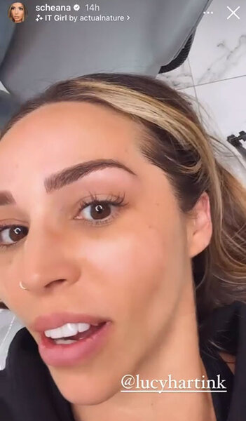 Scheana Shay shows the result of having her eyebrows done.