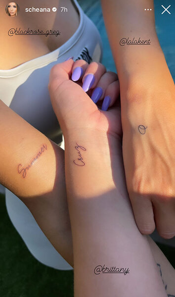 Lala, Scheana, and Brittany show their tattoos with their childrens names on their arms.