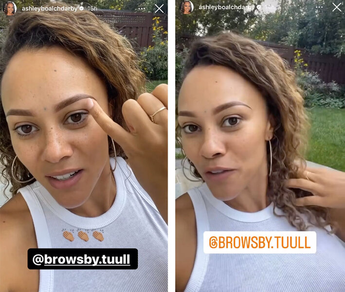 A split image of Ashley showing her recently done eyebrows wearing a white tank top outdoors.