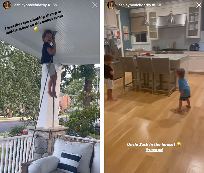 A split of Dean Darby hanging on a rope on the front porch (Overlaid text, "I was the rope climbing champ in middle school so this makes sense [laughing emoji].") and Dean Darby and Dylan Darby in the kitchen (Overlaid text, "Uncle Zach in the house! @cazgod [laughing emoji].")