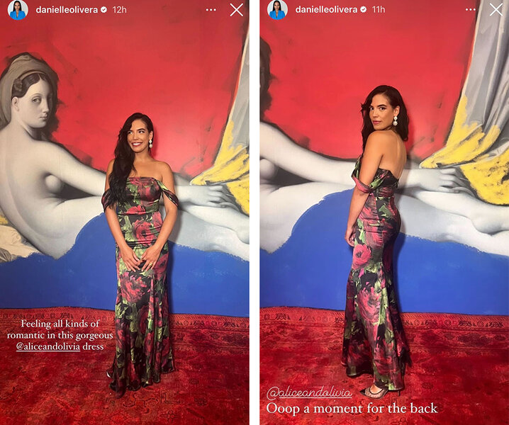 Split image of Danielle Olivera on a red carpet in an off-the-shoulder floral gown.