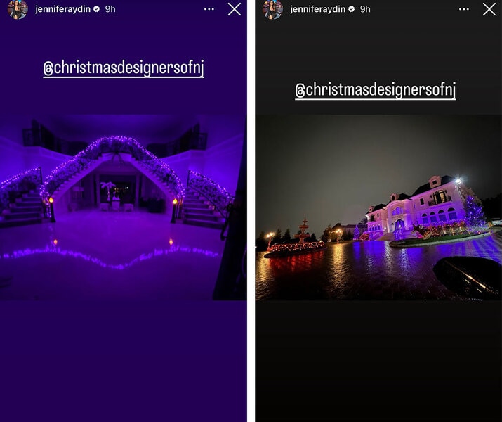 A split of Jennifer Aydin showing her home Halloween lighting indoors and outdoors. Overlaid text, "@christmasdesignersofnj".