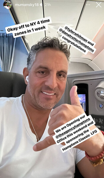Mauricio Umansky smiling on a plane with text overlaid with text congratulating Tyler and his team.