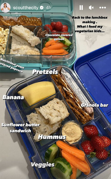 Sai De Silva kids' lunches including pretzels, bananas, sandwiches, veggies, hummus, fruits, and granola bars.