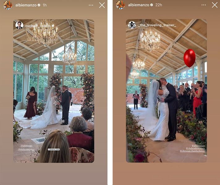A split of Albie Manzo and Chelsea DeMonaco at the altar and kissing while walking down the aisle at their wedding.