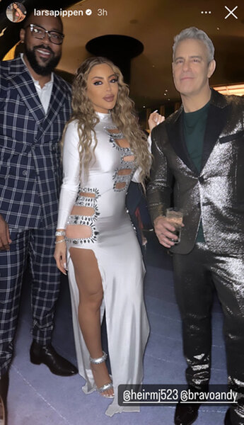 Marcus Jordan, Larsa Pippen, and Andy Cohen pose together at BravoCon 2023.