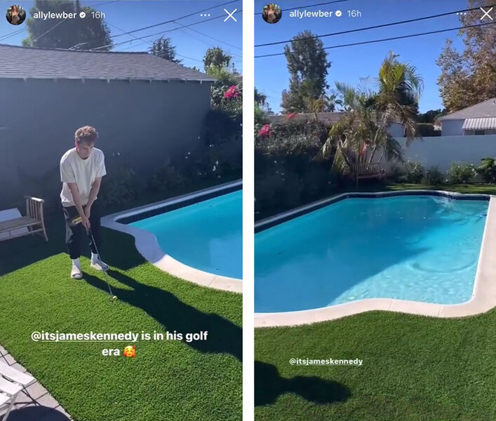 James Kennedy playing golf next to his swimming pool in his back yard.