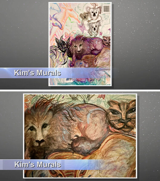 A split of Kim Richards' paintings in her home.