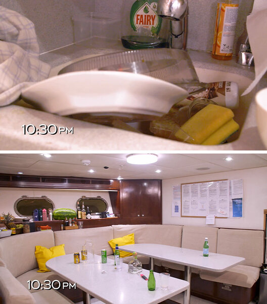 A split of the crew mess with a pile of dishes in the sink and drinks scattered on the table.